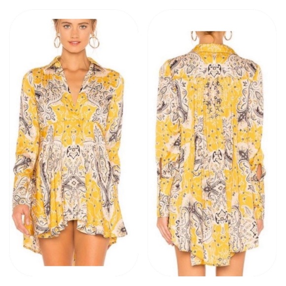 {Free People} Field of Butterflies Swing Tunic Top with Long Sleeves in Gold - Picture 11 of 11
